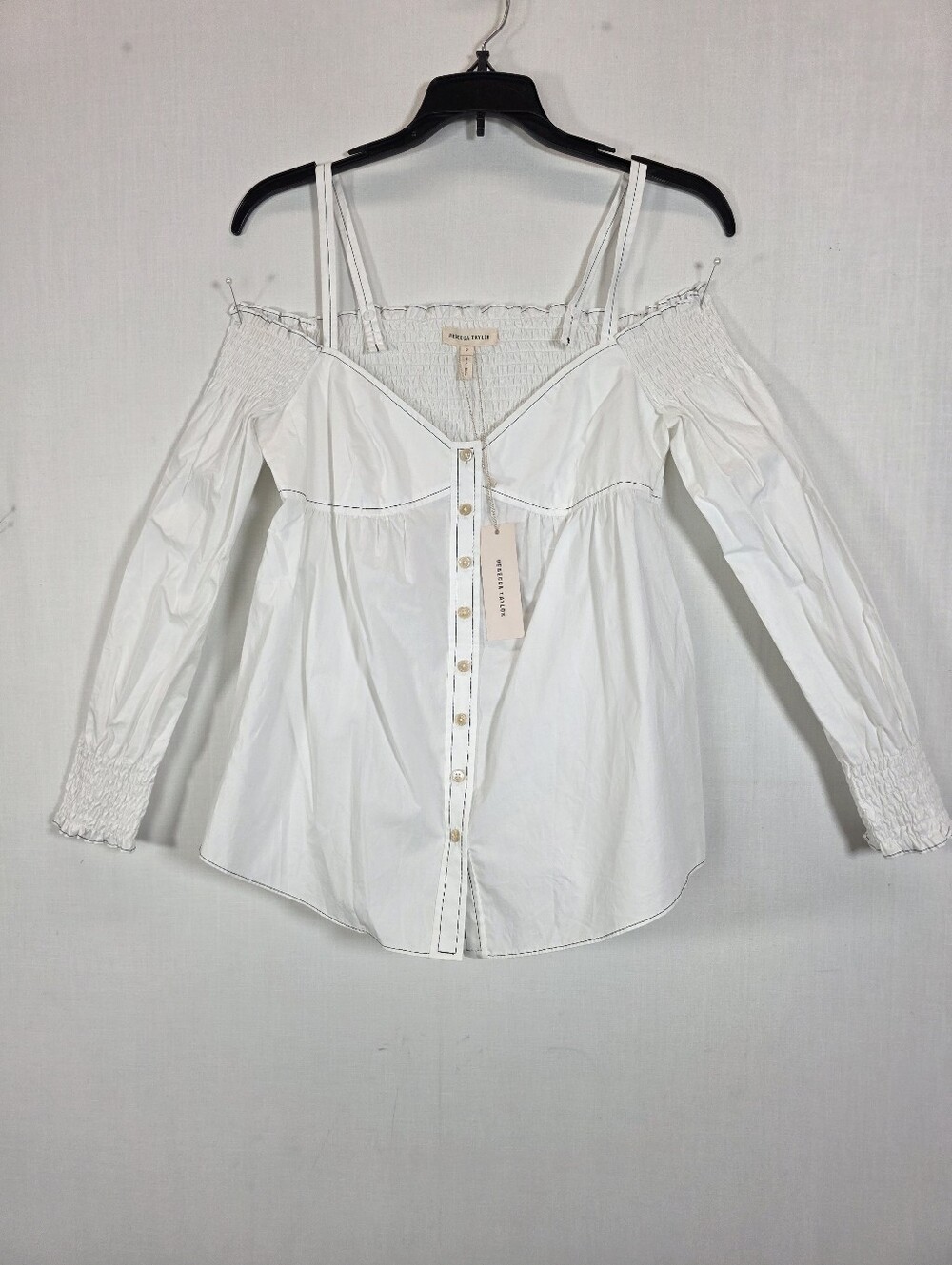 NWT Rebecca Taylor White Cotton Poplin Off-Shoulder Smocked Blouse Size 0